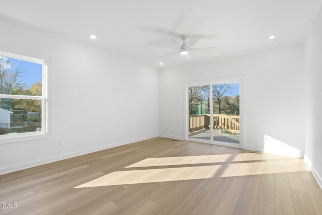 spare room featuring crown molding, ceiling fan, and light wood-type flooring