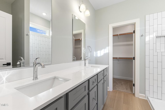 bathroom with hardwood / wood-style floors and vanity