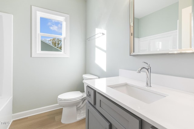 bathroom featuring wood-type flooring, vanity, and toilet