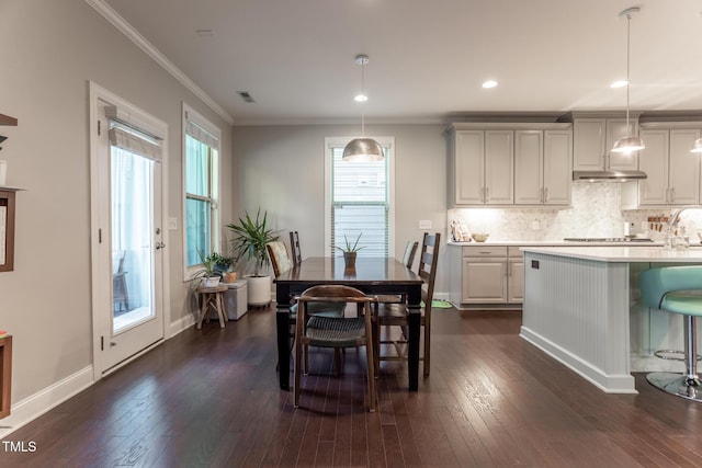 dining area featuring crown molding, dark hardwood / wood-style flooring, and sink