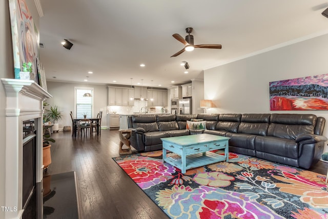 living room featuring ceiling fan, sink, dark hardwood / wood-style floors, and ornamental molding