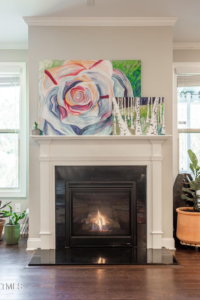 interior details featuring wood-type flooring and crown molding