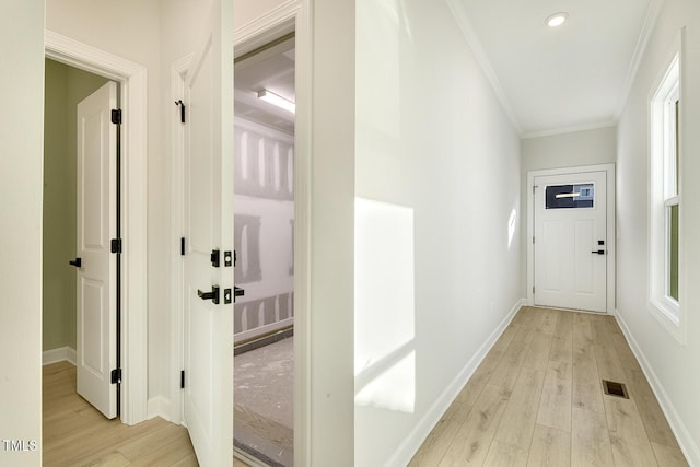 corridor featuring crown molding and light hardwood / wood-style flooring