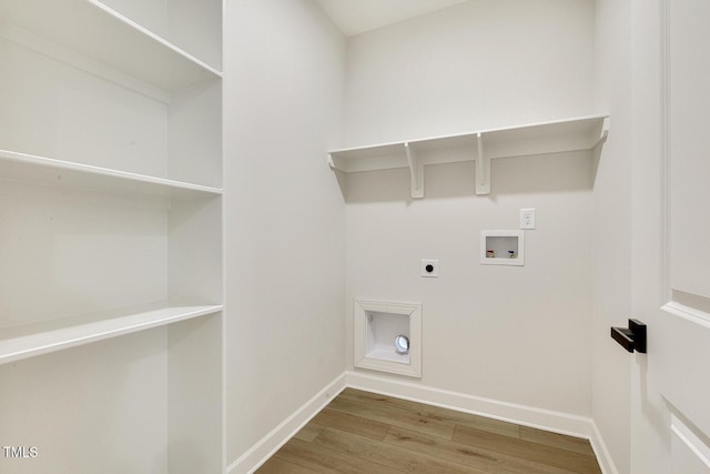 washroom with hardwood / wood-style flooring, electric dryer hookup, and hookup for a washing machine