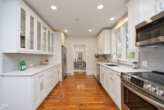 kitchen featuring sink, backsplash, appliances with stainless steel finishes, white cabinets, and light wood-type flooring