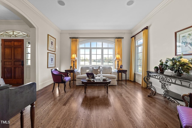 living room featuring crown molding and wood-type flooring