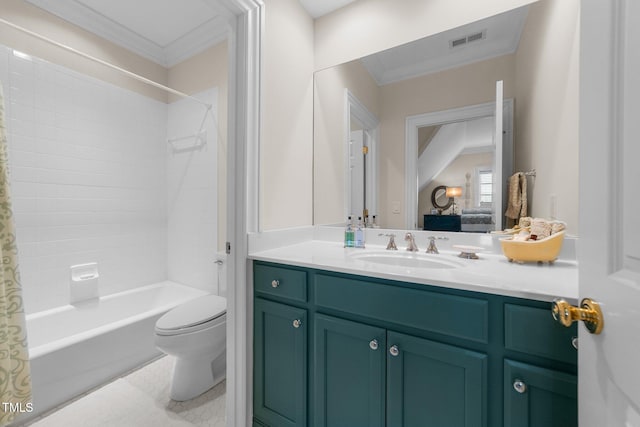 full bathroom featuring shower / tub combo with curtain, crown molding, vanity, and toilet