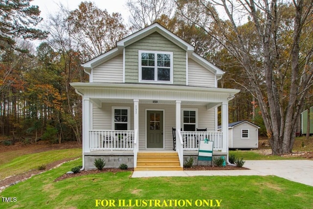 bungalow-style house with a front lawn