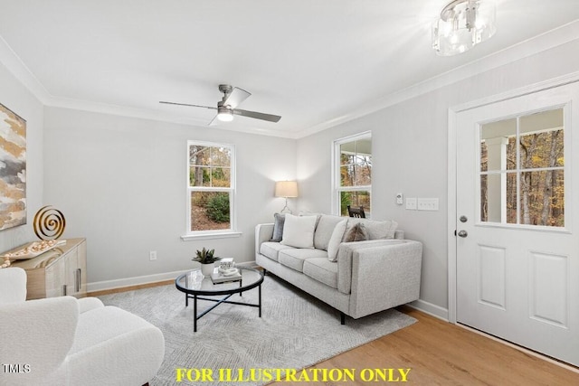 living room with crown molding, ceiling fan with notable chandelier, and light wood-type flooring