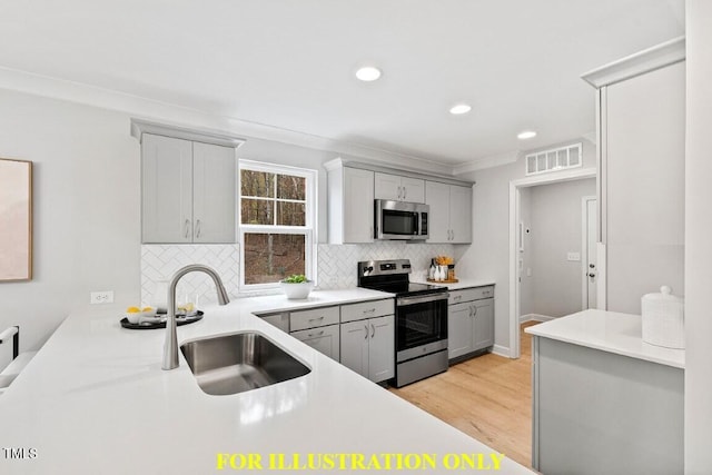 kitchen featuring sink, gray cabinetry, backsplash, stainless steel appliances, and crown molding