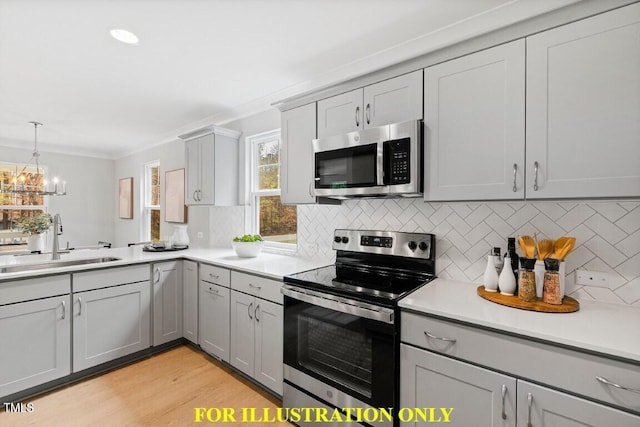 kitchen featuring sink, appliances with stainless steel finishes, backsplash, ornamental molding, and a chandelier