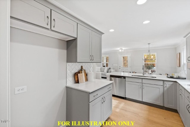 kitchen with sink, hanging light fixtures, light hardwood / wood-style flooring, stainless steel dishwasher, and decorative backsplash