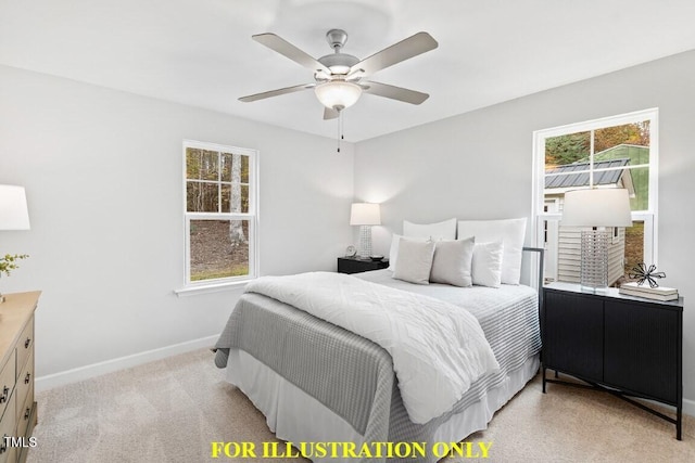 bedroom featuring light carpet and ceiling fan