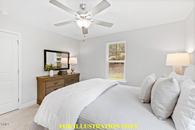 carpeted bedroom featuring ceiling fan