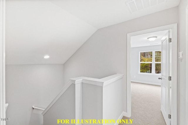 stairs with lofted ceiling and carpet flooring