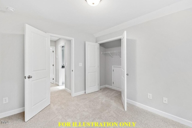 unfurnished bedroom with light carpet, vaulted ceiling, and a closet