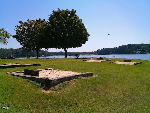 view of home's community featuring a water view and a lawn