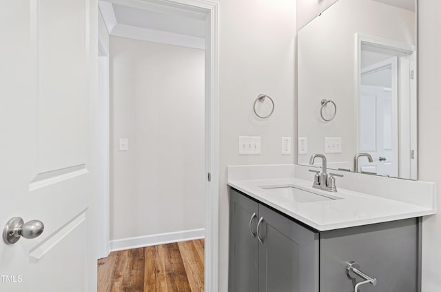 bathroom featuring vanity, baseboards, and wood finished floors