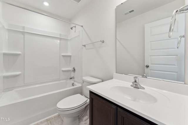 bathroom featuring toilet, bathtub / shower combination, vanity, and visible vents