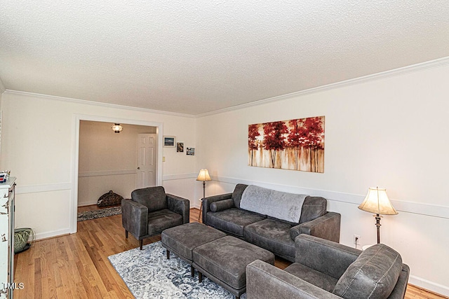 living room featuring a textured ceiling, light hardwood / wood-style floors, and ornamental molding