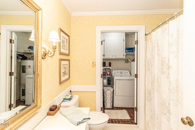 bathroom featuring toilet, ornamental molding, and water heater