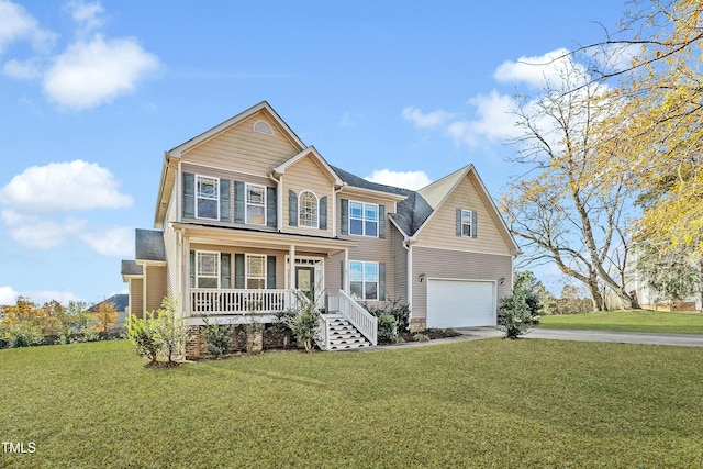 view of front facade featuring a front lawn, a porch, and a garage