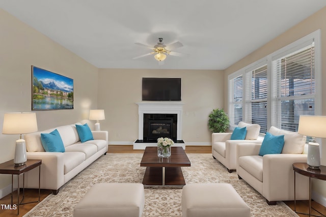 living room with ceiling fan and wood-type flooring