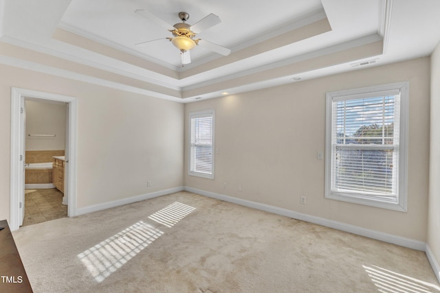 carpeted empty room featuring a healthy amount of sunlight, a raised ceiling, and crown molding