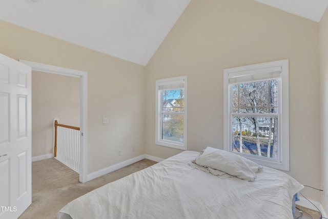 carpeted bedroom featuring multiple windows and high vaulted ceiling