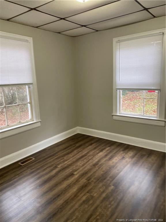 spare room with a paneled ceiling, dark hardwood / wood-style floors, and plenty of natural light