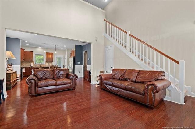 living room featuring a towering ceiling and dark hardwood / wood-style floors