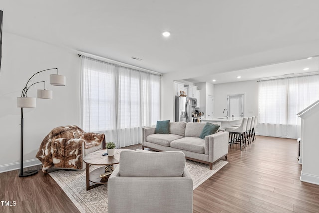 living room featuring hardwood / wood-style floors and sink