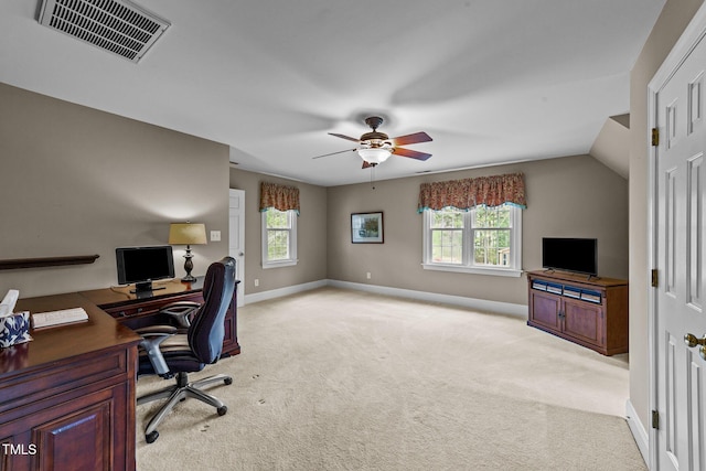 7201 Jonathan Dr, Wendell, NC 27591 - office space with ceiling fan, visible vents, light carpet, lofted ceiling, and baseboards