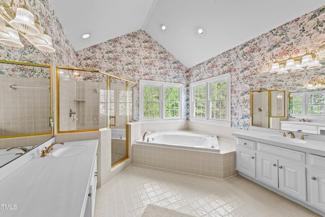 7201 Jonathan Dr, Wendell, NC 27591 - full bath with plenty of natural light, a sink, vaulted ceiling, and wallpapered walls