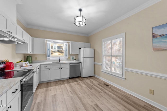 kitchen with appliances with stainless steel finishes, white cabinetry, hanging light fixtures, and sink