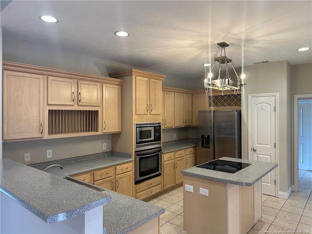 kitchen with pendant lighting, an inviting chandelier, stainless steel appliances, a center island, and light brown cabinets