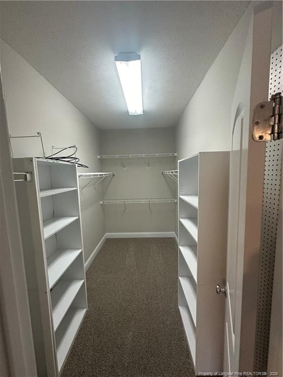 walk in closet featuring dark carpet