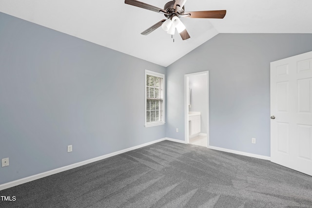 unfurnished room with carpet, vaulted ceiling, and ceiling fan