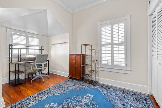 home office featuring hardwood / wood-style flooring and ornamental molding