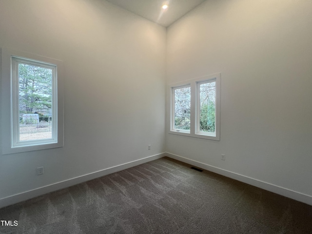 carpeted empty room featuring a high ceiling