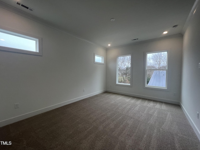 empty room featuring carpet flooring and ornamental molding