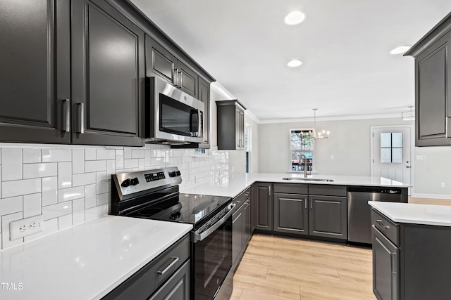 kitchen featuring a peninsula, a sink, light countertops, appliances with stainless steel finishes, and crown molding