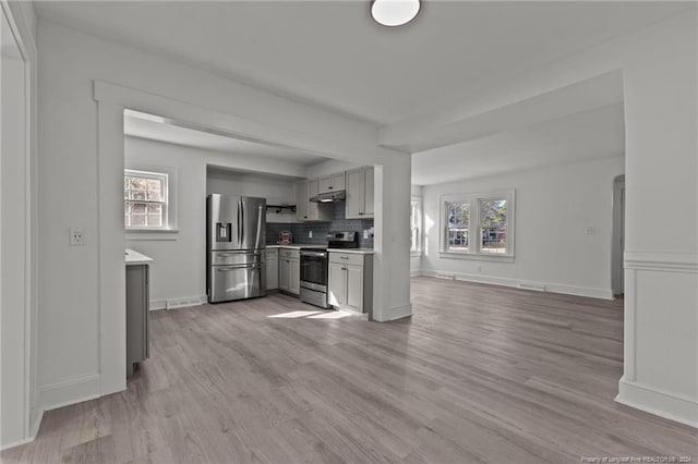 kitchen featuring stainless steel appliances, a wealth of natural light, and light hardwood / wood-style floors