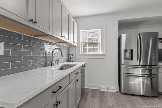 kitchen with appliances with stainless steel finishes, backsplash, light stone counters, sink, and light hardwood / wood-style flooring