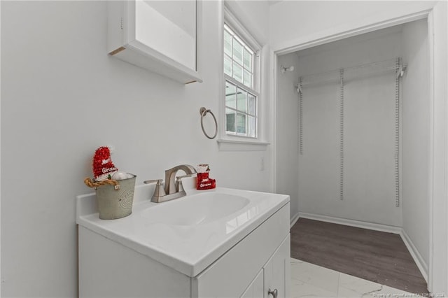 bathroom with hardwood / wood-style floors and vanity