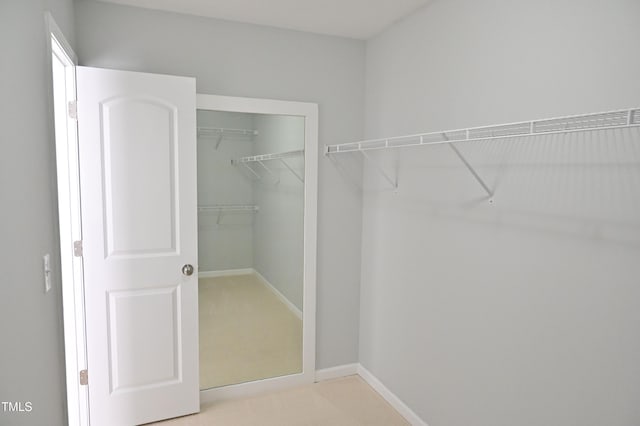 spacious closet featuring light colored carpet