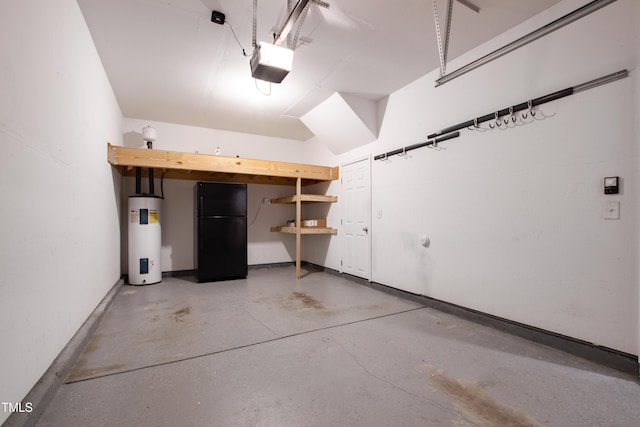 garage featuring black refrigerator, electric water heater, and a garage door opener