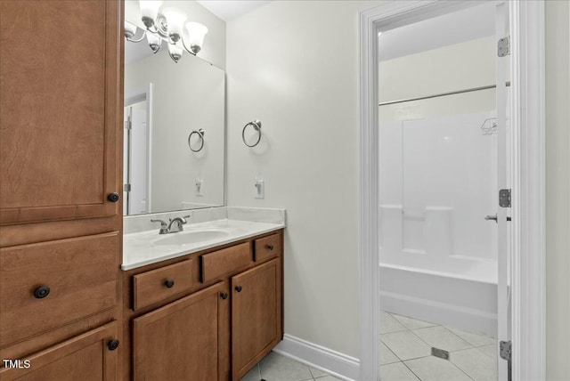 bathroom featuring vanity,  shower combination, and tile patterned flooring