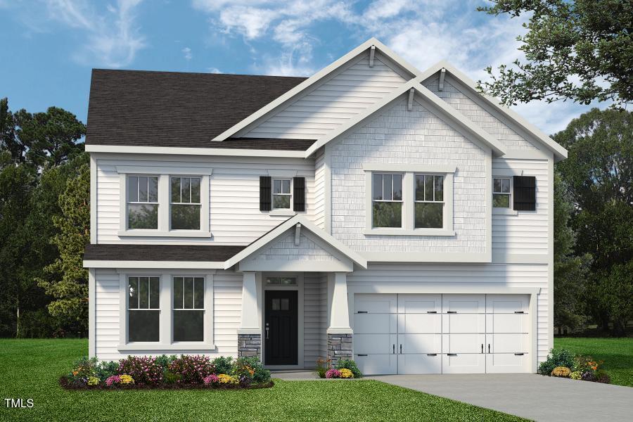 craftsman house with a garage, a shingled roof, concrete driveway, stone siding, and a front yard