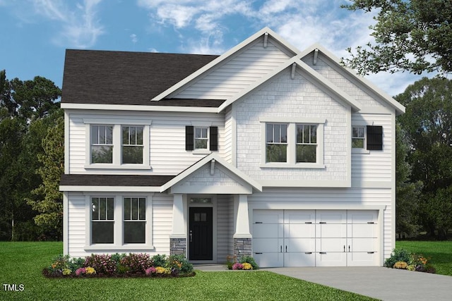 craftsman house with a garage, a shingled roof, concrete driveway, stone siding, and a front yard